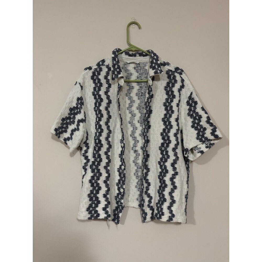 Zara Mens Textured Knit Short Sleeve Button Down Shirt Size L Stripe Resort
